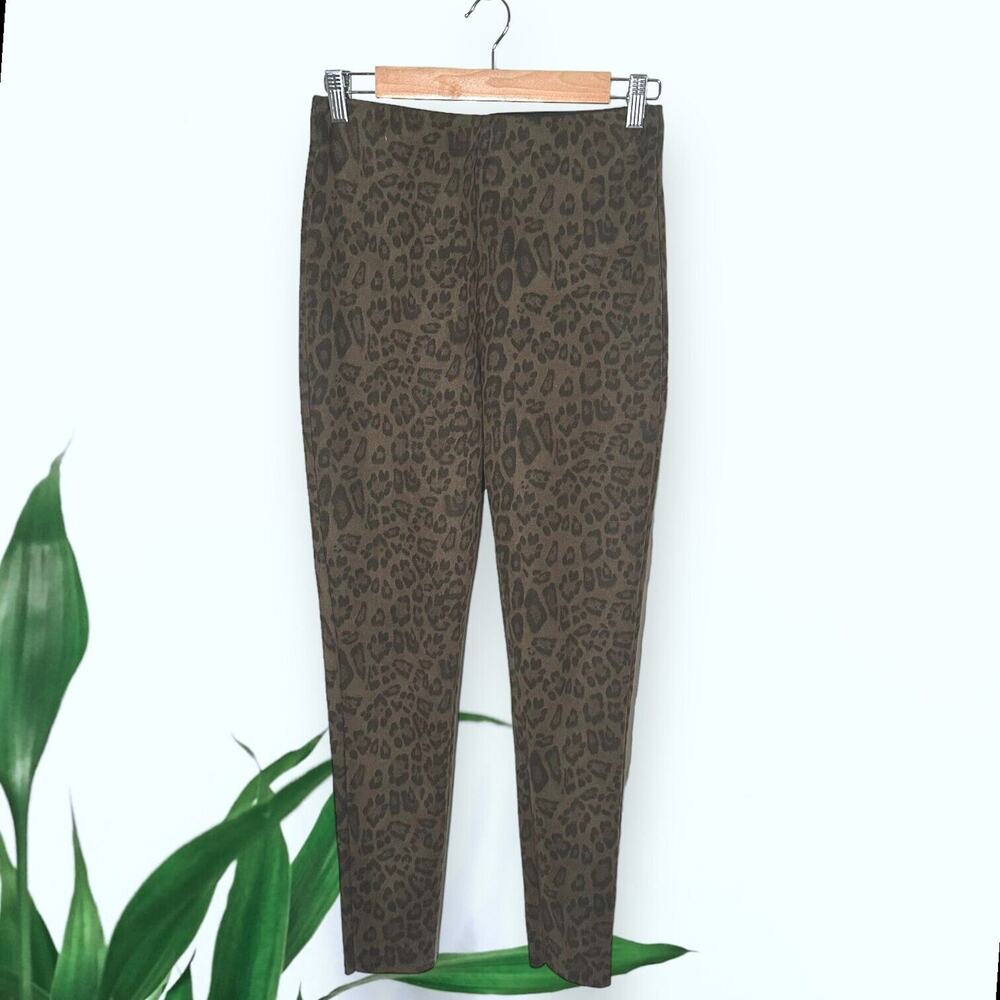 ZARA Leopard Print Skinny Ponte Pants Banded Waist High Rise Green Brown Slim